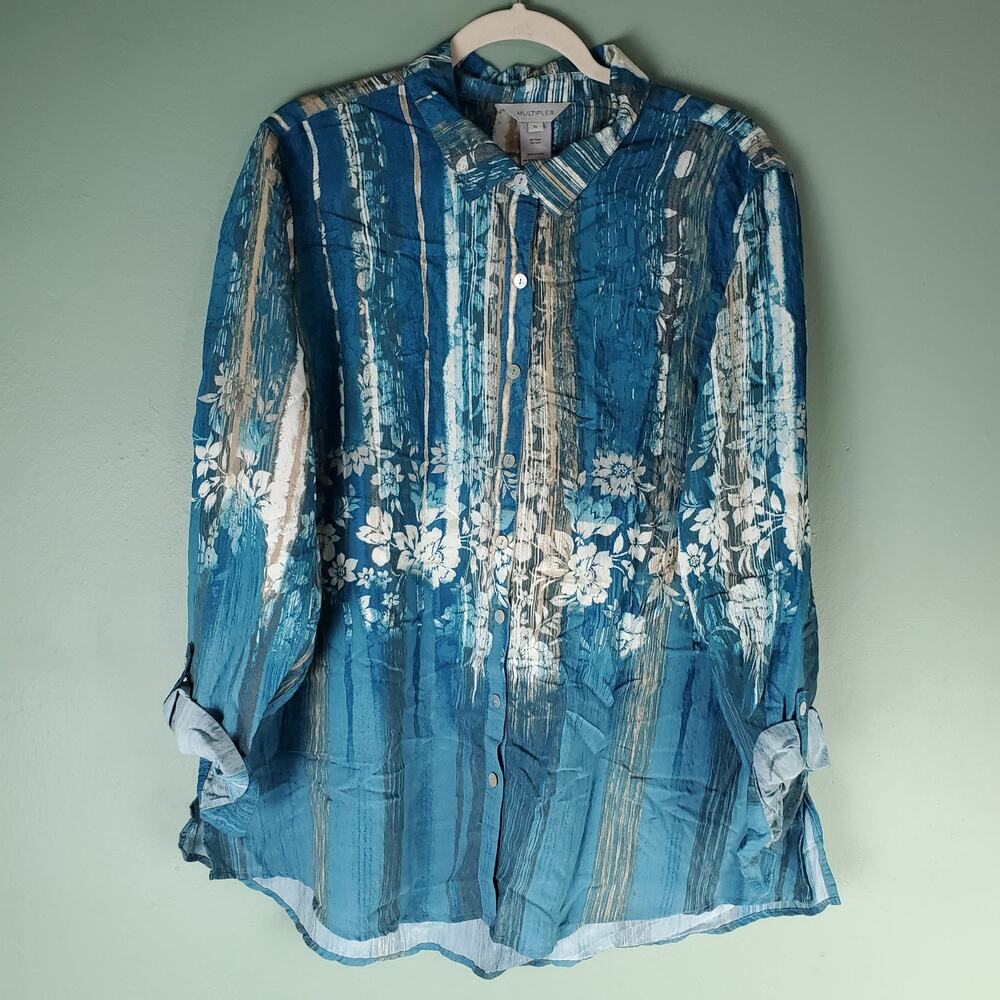 Multiples Womens Teal & White Floral Button Up Long Sleeve Shirt Size XL